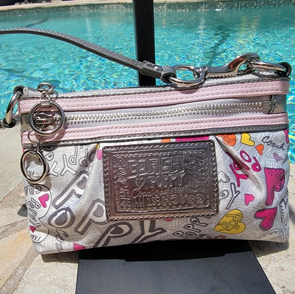 Coach Handbags - Coach Poppy Graffiti Wristlet - Silver And Pink Hearts